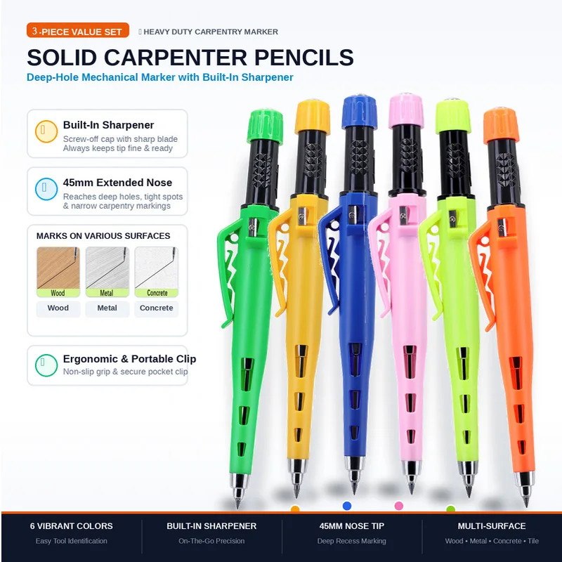 3PCS/SET 2.8mm Deep Hole Carpenter Pencil Set 2 Pens + 6 Lead Refills Versatile for Writing, Woodworking & Marking