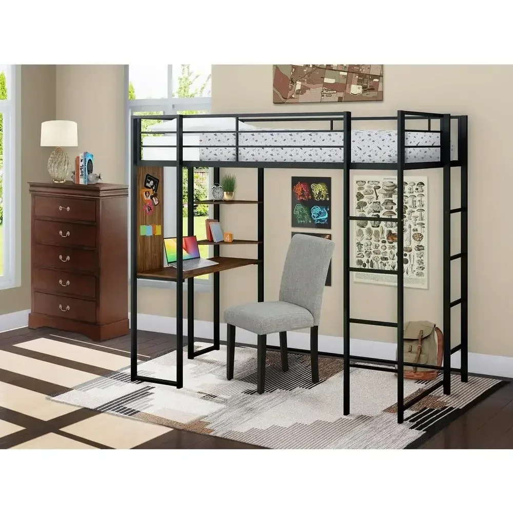 Twin Metal Bed with Table Top, 2 Shelves, Ladder Steps, and Guard Rails - Powder Coated Black