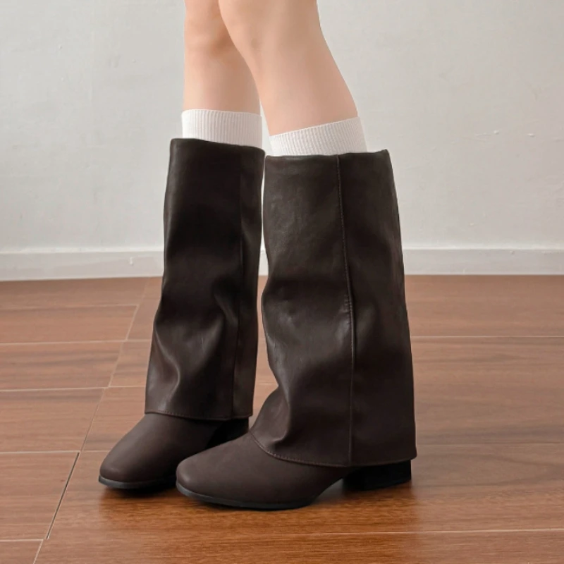 Women Pants Tube Mid Calf Boots Vintage Square Heel Daily Leather Boots 2026 New Autumn Winter Women's Mordern Booties