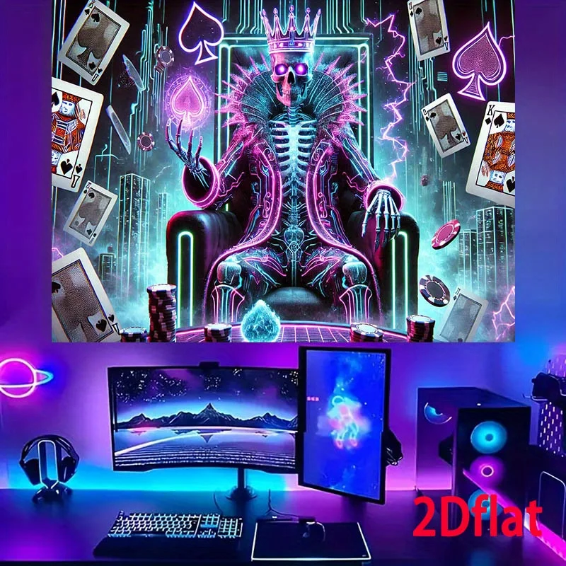 VIKAMA Halloween Gothic Wall Tapestry Neon Crown Throne Skeleton Poker Chip Lightning City Casino Wind Cloth Party Decoration