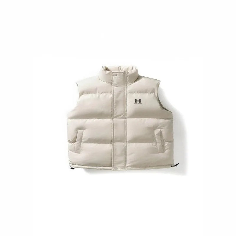 Men Stand Collar Padded Vest Sleeveless Warm Quilted Waistcoat Zip & Snap Button Side Pockets Adjustable Hem Drawstring Gilet