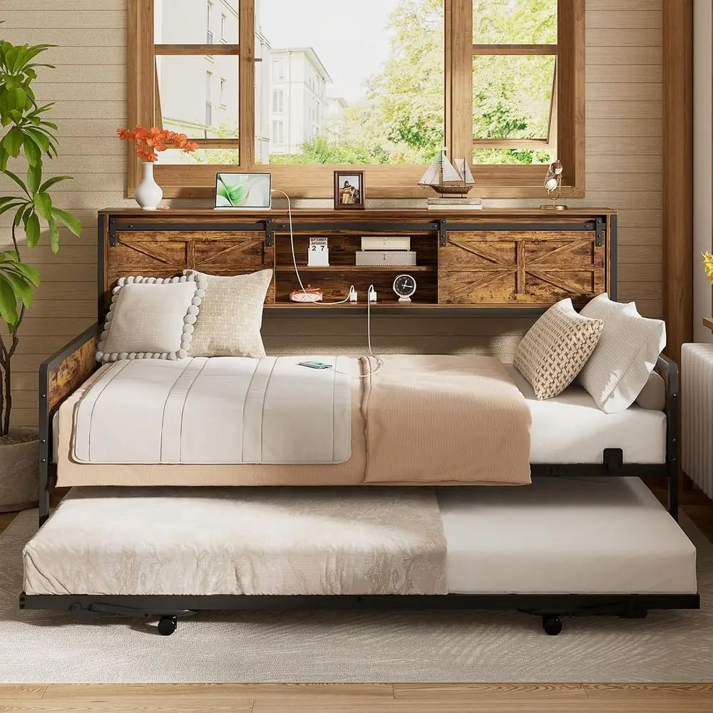 Farmhouse-Style Twin Daybed with Bookcase Headboard, Trundle Bed, and Charging Station, Rustic Brown