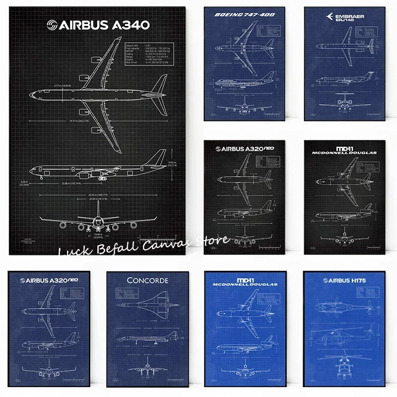 Air Force Plane Airbus A-340 B-747 Patent Prints Airplane Poster Fighter Blueprint Canvas Painting Wall Art Pictures Home Decor