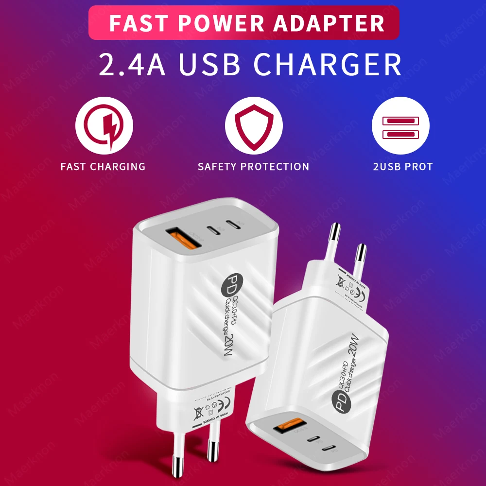 Dual PD Quick Charger Зарядное устройство USB 20 Вт Быстрая зарядка для Ipad iPhone 13 Pro Xiaomi 12 Huawei Адаптер настенного зарядного устройства QC3.0 Штепсельная вилка США/ЕС