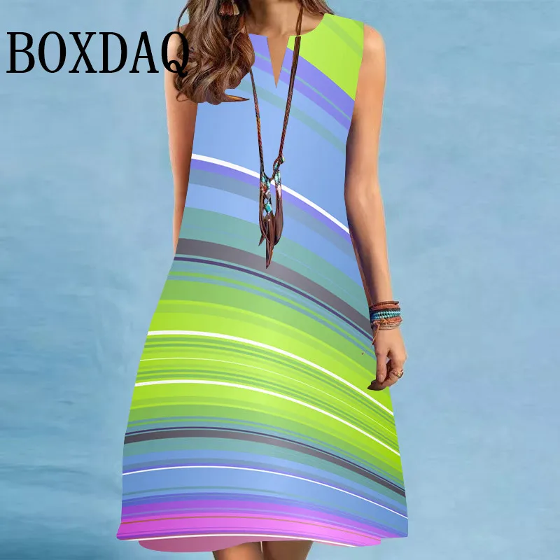 2025 Summer Casual Women Painted Print A-Line Dress Sweet Casual Gradient Rainbow Dress Vintage V-Neck Sleeveless Loose Clothing