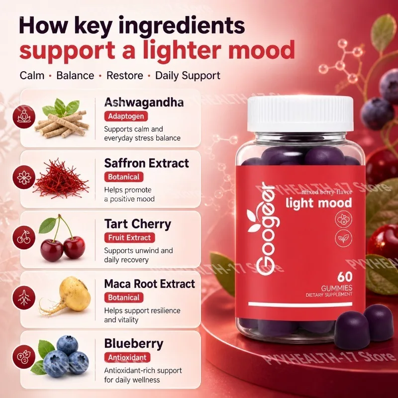 Light Mood Gummies with Ashwagandha and Saffron Extracts Mixed Berry Flavor Relaxed Mood Support & Stress Support 60 Gummies