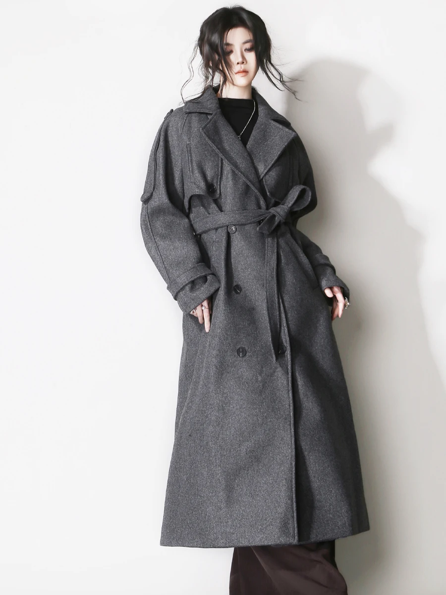 

E83 Тяжелая теплая рабочая одежда до щиколотки, элегантное шерстяное пальто с поясом и поясом, длинное двубортное пальто све