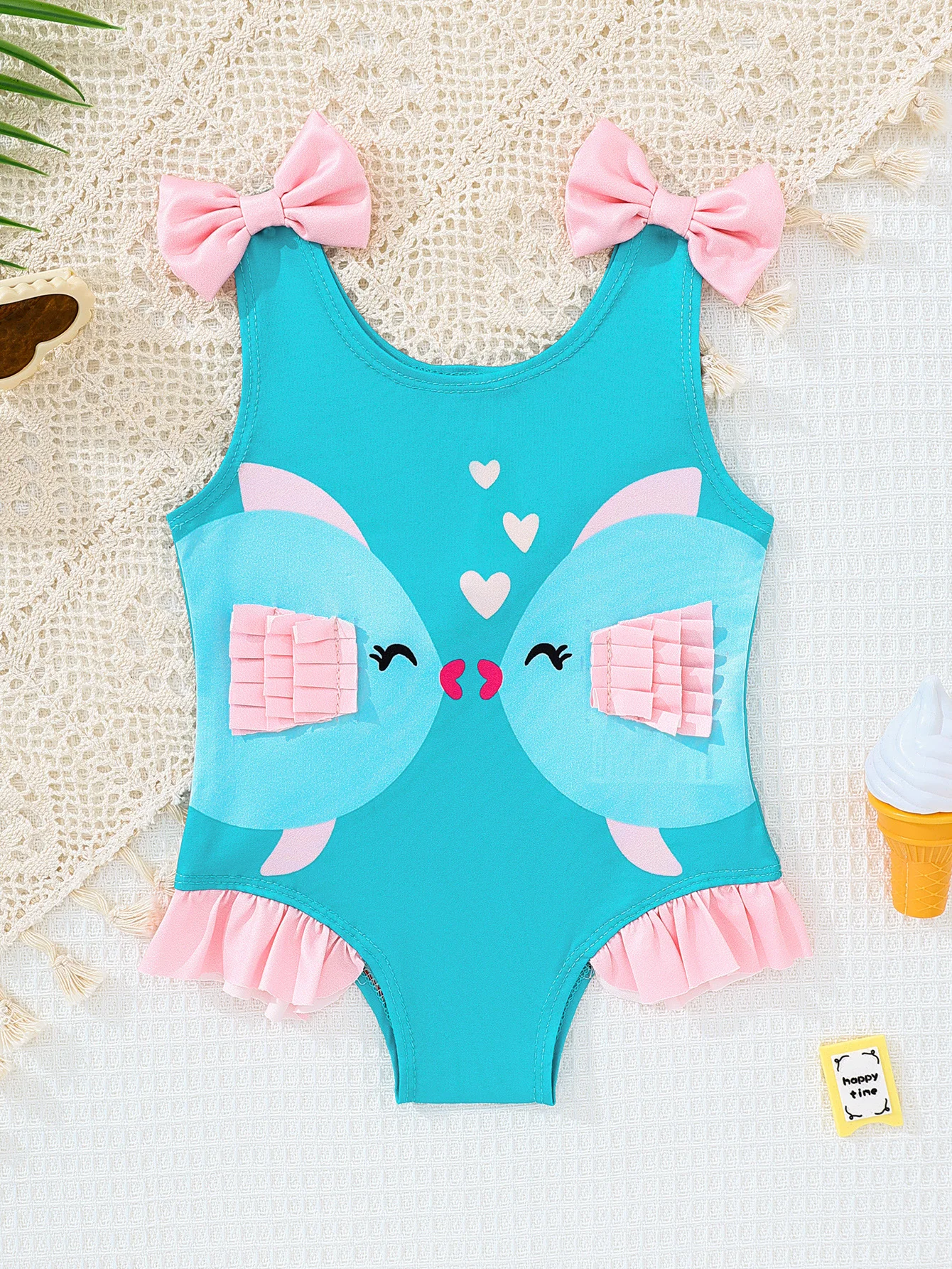 

Цельный купальник для девочек, милый стиль, с мультяшным принтом, с бантиками и оборками, для детей, для отдыха у бассейна