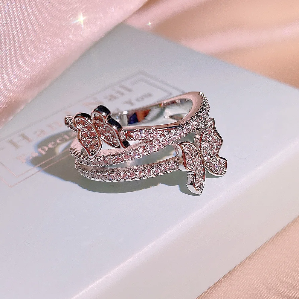 NEW Delicate Super-Shimmering Couple Ring For Women High-End Double Bow Openwork Diamond Silver-Plated Banquet Gift Jewelry