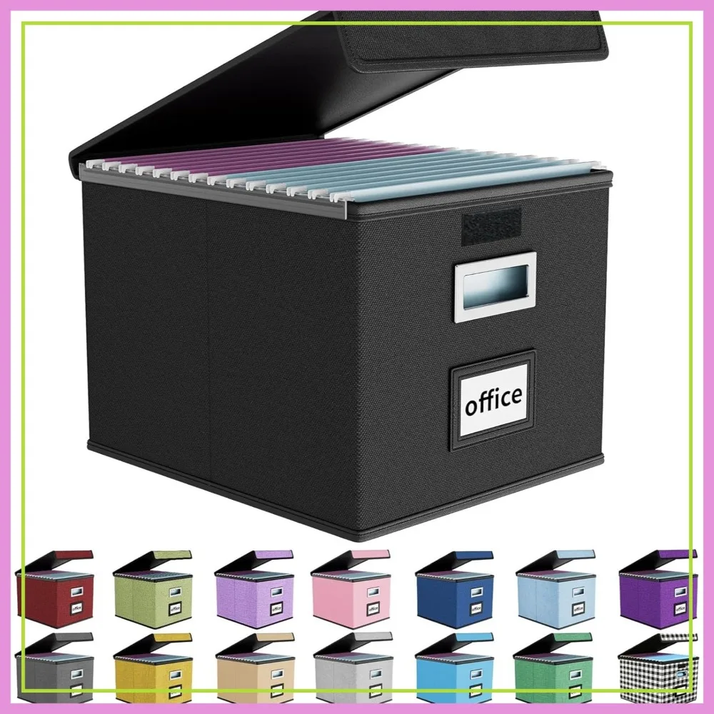 

Collapsible File Organizer Box with Lid, Plastic Slide for Letter Size Hanging Folders, Office Document Storage, Black