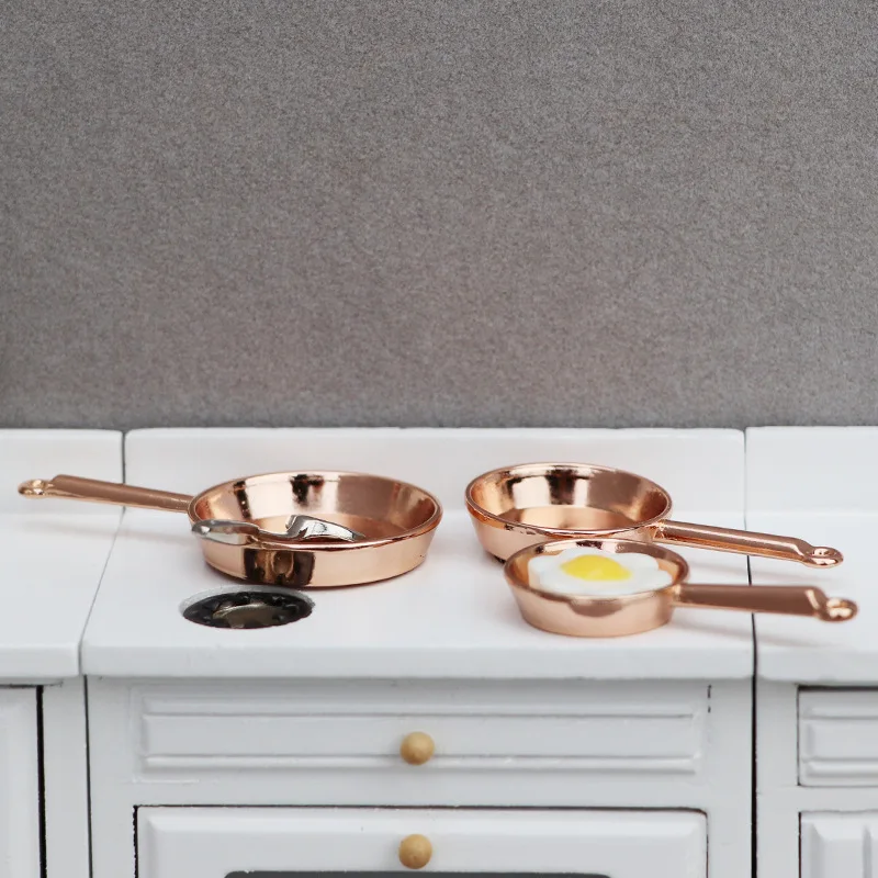 3picecs Utensili da cucina in miniatura per casa delle bambole in scala 1:12 - Set di 3 padelle in lega, accessorio per micro mobili