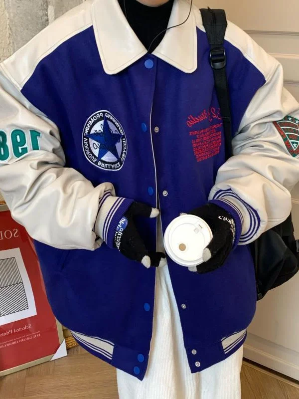 

Loose Fit Thiened Contrast Color Klein Blue Hip Hop Baseball Jaet Spring Cotton Clothes Korean Sle Long Sve Coat