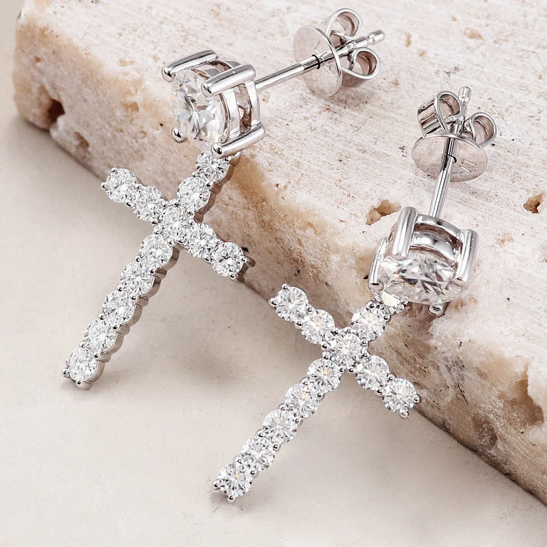 Provence 18/14/10K White Gold Sparkling Round Cut DEF VVS Moissanite Cross Earrings For Women Trendy Customized Gift