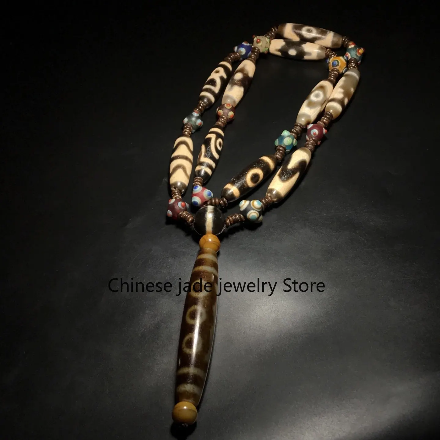 Tibetan Tooth Yellow Two Three Five Eyes God of Wealth Duobao Dzi Bead Agate Barrel Bead Necklace Pendant Neck Accessory 11 * 38