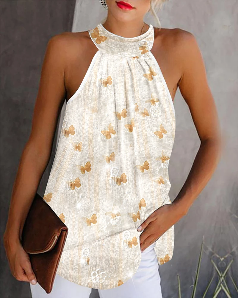 

2025 Spring New Style Butterfly Print Sleeveless Round Neck Vest Top Fashion Retro Casual Elegant Sexy Top for Women