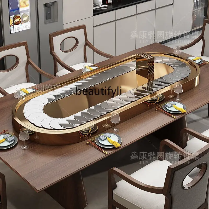 Rectangle electric vegetable turntable Oval stainless steel conveyor belt home dining table Automatic rotary display turntable