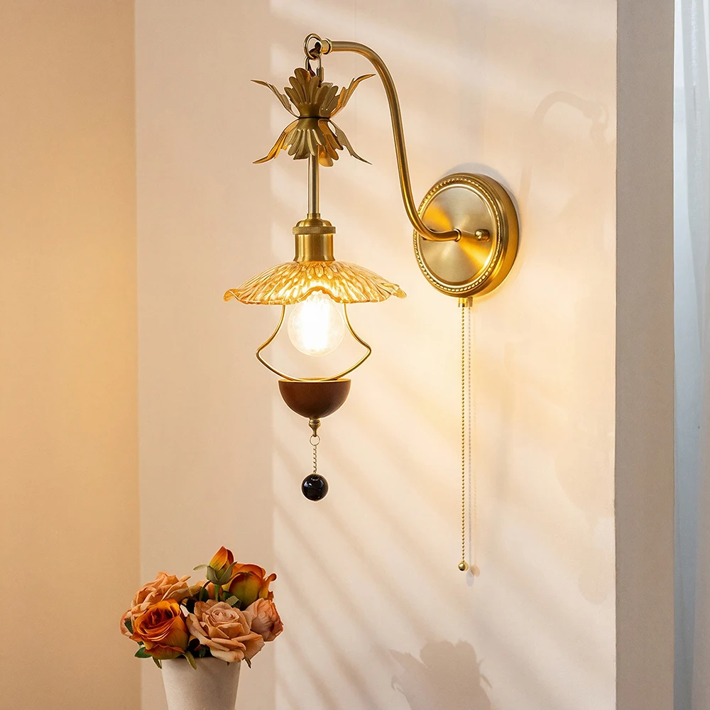 French Retro Flower Light Indoor Living Room Bedroom Bedside Wall Lamps Amber Glass Sconces Walnut Wood Color Wall Light Switch