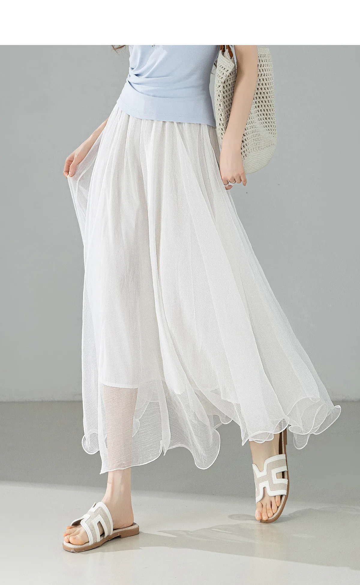 SENTUBILA Eleganter Hochgeschnittener Schimmernder Chiffon A-Linien-Rock 2026 Sommer Weißer Netzrock mit Elastischem Bund Damen-Unterteil W62QG7415 – Detail 4
