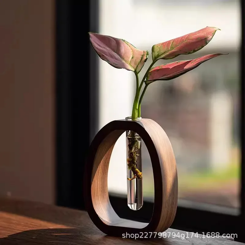 

Vintage Japanese Style Walnut Wood & Glass Hydroponic Flower Vase Mini Desktop Planter for Fresh Cut Flowers Home Office Decor