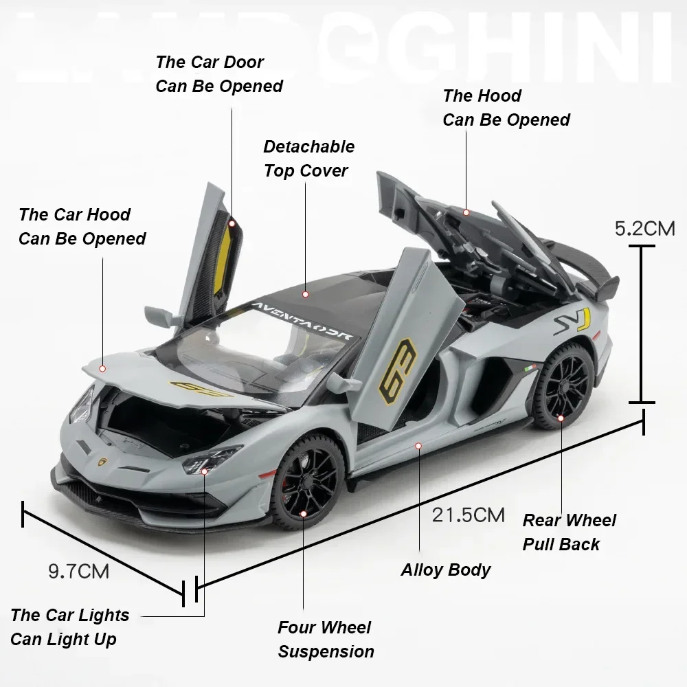 1:24 Alloy Sports Car Model Toys Lambor Aventador SVJ 63 Diecast Metal Models 4 Doors Opened Sound Light for Boys Holiday Gifts