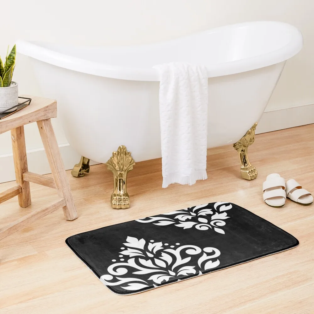 

Scroll Damask Art I White on Black Bath Mat For The Bathroom Showers Rug Foot Bathroom Deco Mat