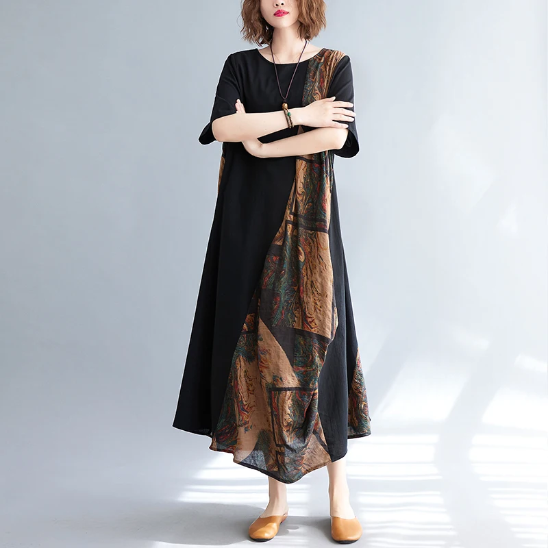 

Новое летнее свободное пляжное платье с принтом для полных женщин, А-силуэт, из полиэстера, с коротким рукавом и круглым вырезом