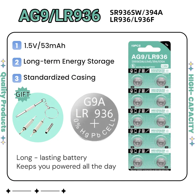 top2-100PCS 1.55V AG9 LR936 Button Cell Battery 394 SR936SW CX194 LR45 G9A 194 394A SR936 Cell Coin For Watch Toys Remote Clock