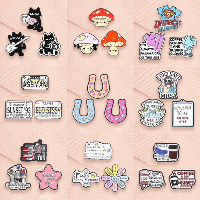 2-8pcs/set Motivational Quotes Enamel Pins Self-Care Vegetables Muscle Animals Coffee Lover Brooches Lapel Badge Jewelry Gifts