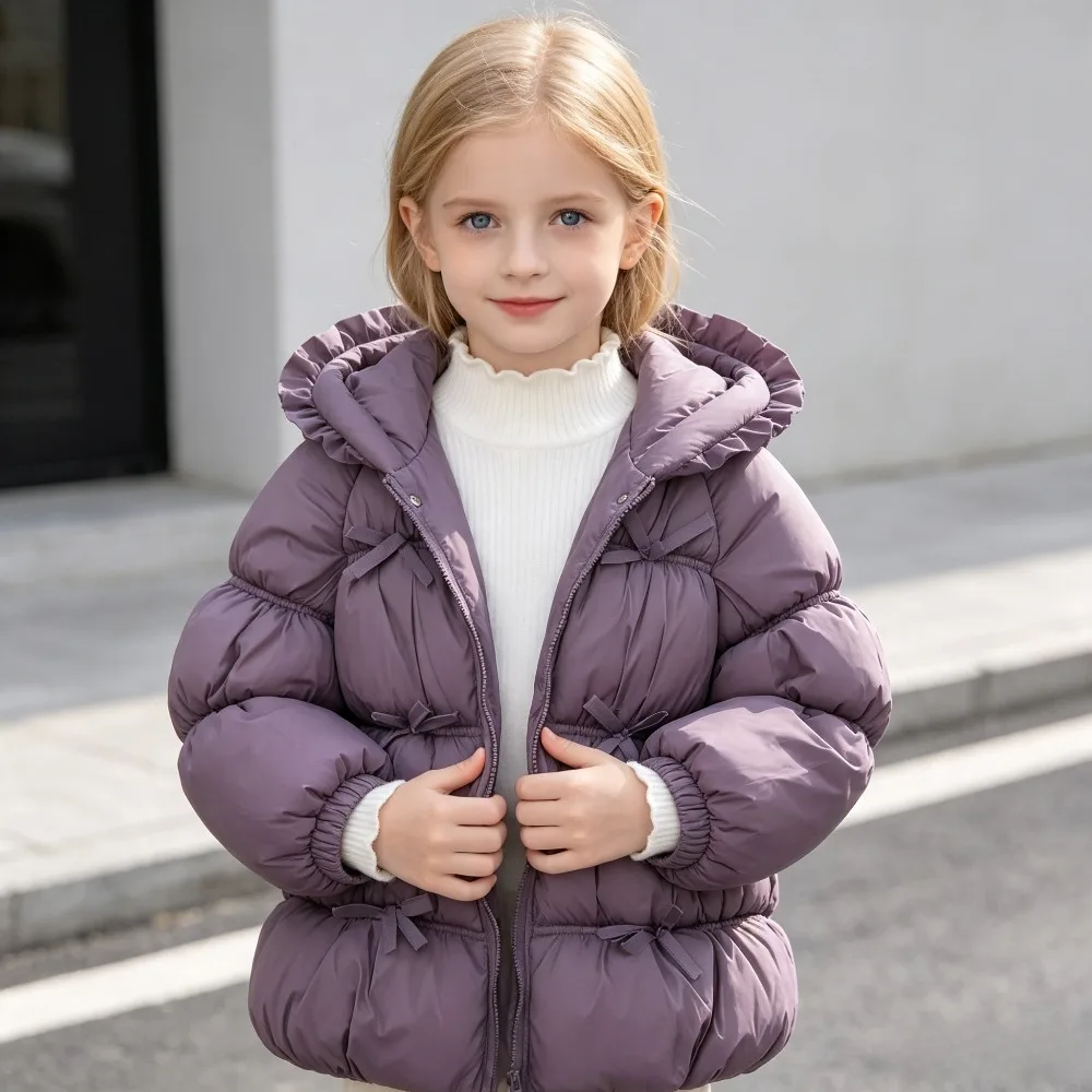Girls Hooded Puffer Jacket with Ruffle Trim Cute Puff Sleeve Winter Coat Thick Warm Quilted Baby Outerwear for Cold Weather Tops