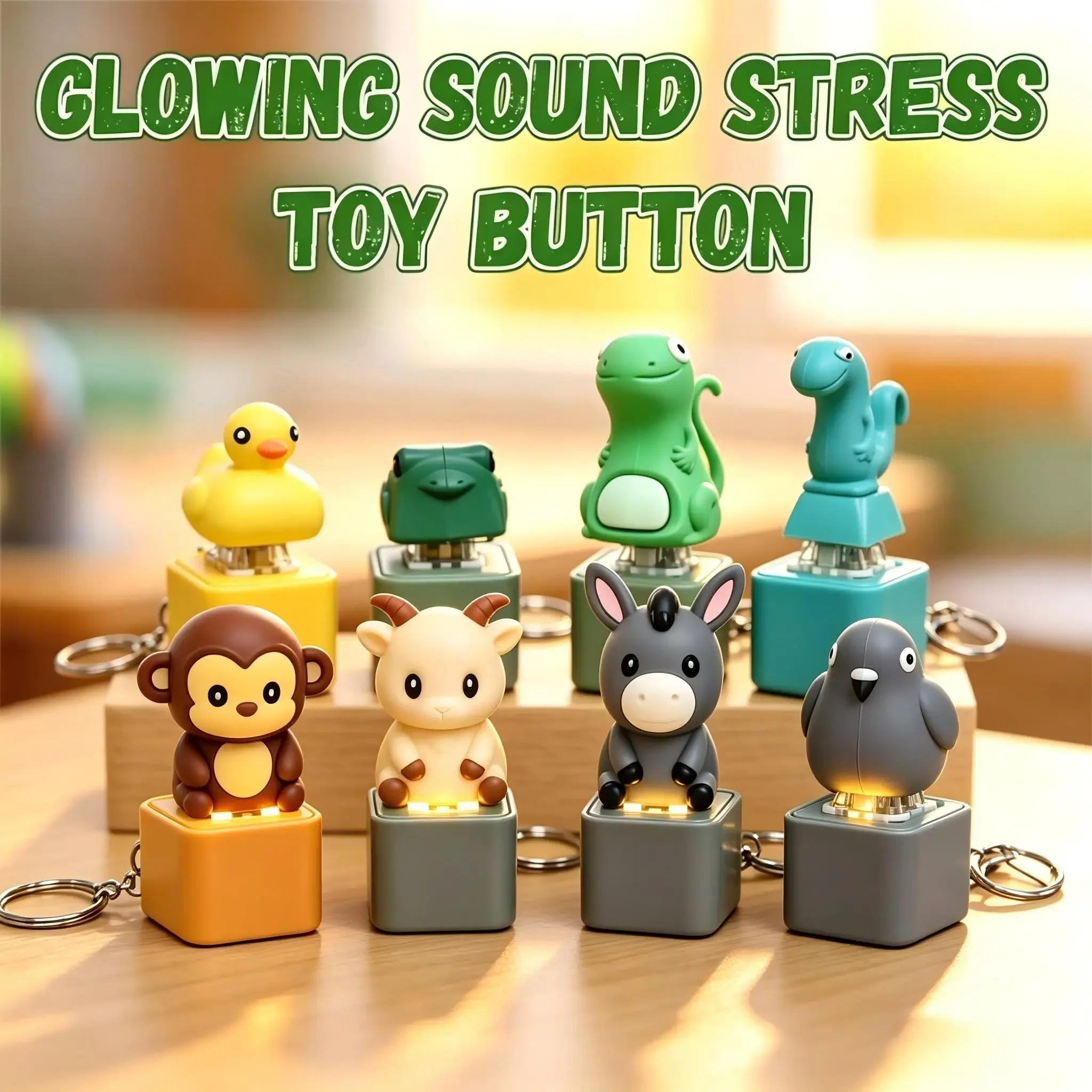 Cute Animal Press & Sound Light-Up Keychain Kawaii Duck Frog Monkey Donkey Sheep Lizard Fidget Toy Bag Pendant Novelty Gift