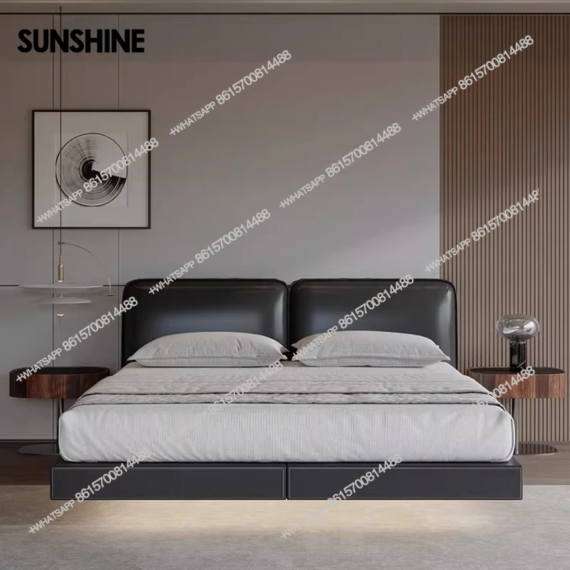 

Italian minimalist leather double bed master bedroom modern simple floating bed wedding bed