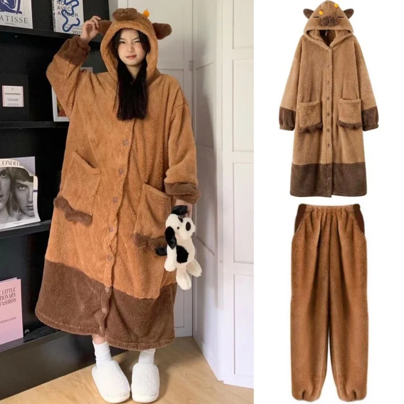 Cute Capybara Winter Pajama Cartoon Animal Soft Plush Jumpsuit For Adults Kawaii Velvet Pajama Night Robe Cosplay Suit Xmas Gift