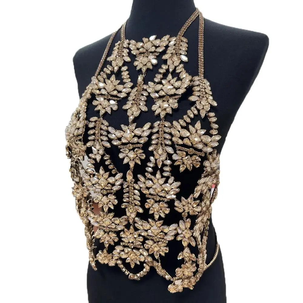 Luxury Champagne Gold Tops for Women Sexy Body Chain Jewelry Rhinestones Bar Accessories Bikini Glass Crystal Gemstones