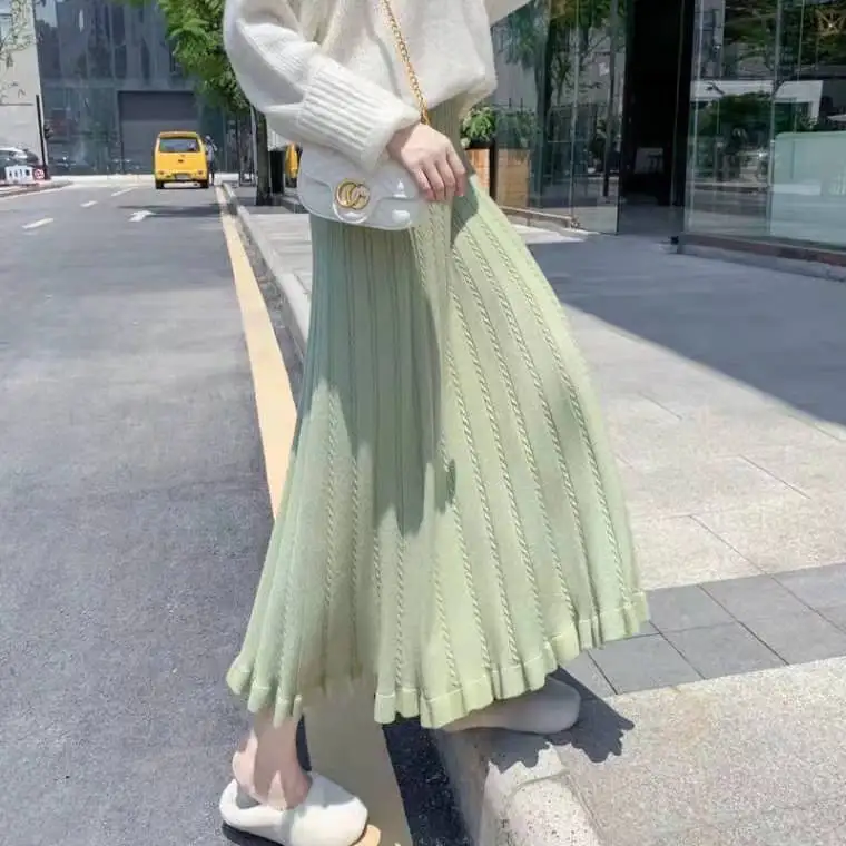 

2024 New Fashion High-waisted Knit Skirt Women's Thickened Autumn Winter New Style Over-knee A-line Medium-length Dress LJ123