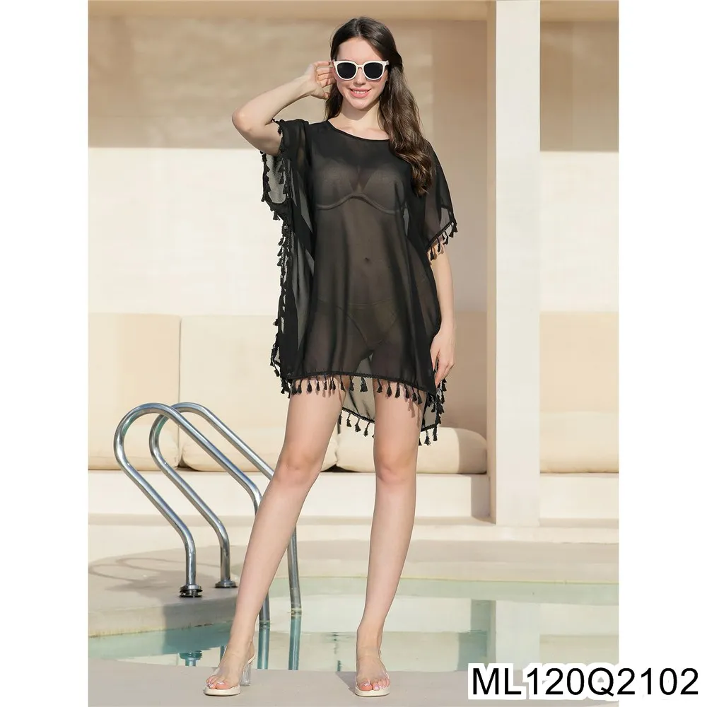 2025 nuevo vestido de playa de gasa con cuello redondo de verano con borlas, traje de baño suelto de color sólido de gran tamaño, vestido de mujer bata ML120Q21