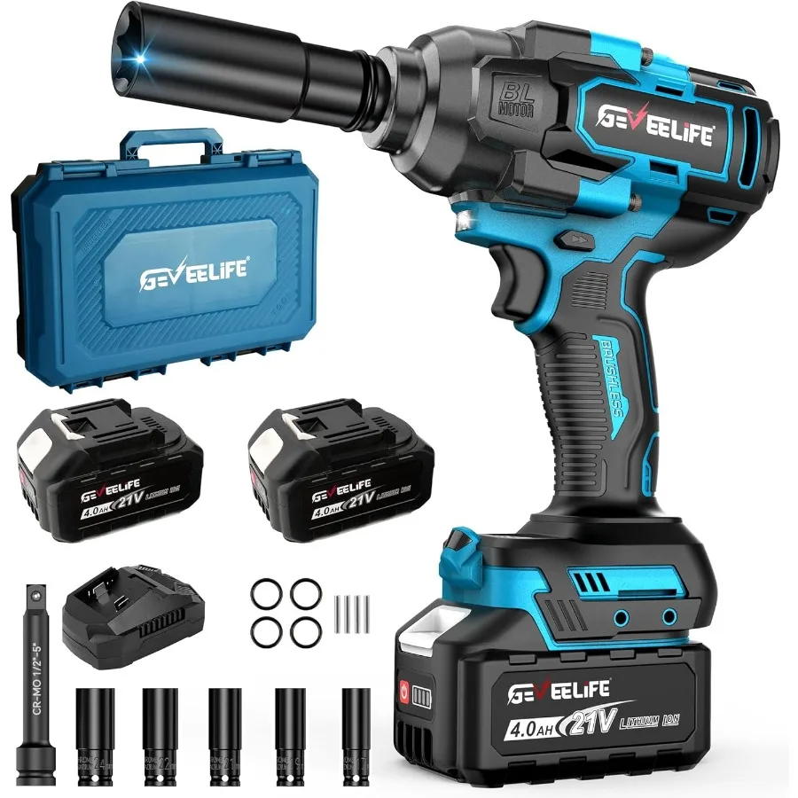

1200N.m 900Ft-lbs Brushless Impact Wrench 1/2" Cordless Impact Driver with 2x 4.0Ah Battery Fast Charger and 5 Socket