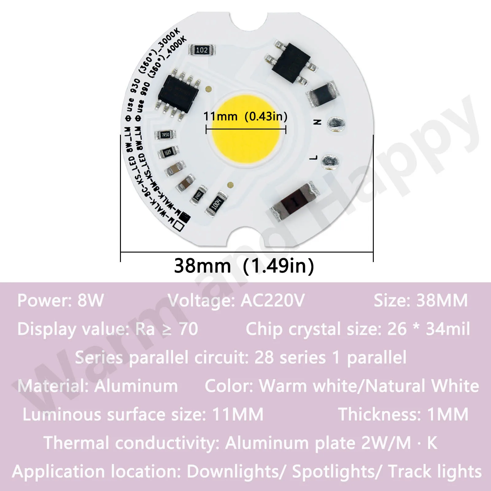 LED Chip 8W AC220V Warm White Natural White LED COB Bulb 38MM Without Driver Suitable for Downlight Spotlights Track Lights DIY