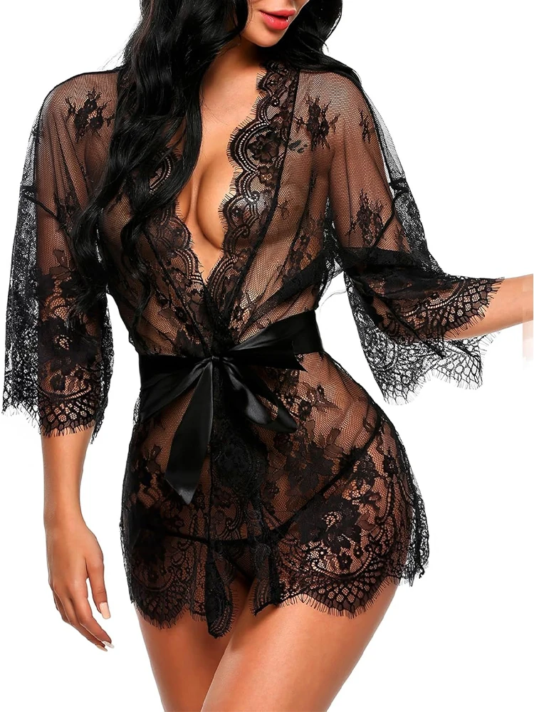 New Sexy Lace Transparent Ruffles Robe Women Lingerie See-through Babydolls Underwear Sleepwear Night Dress Erotic Sex Clothes