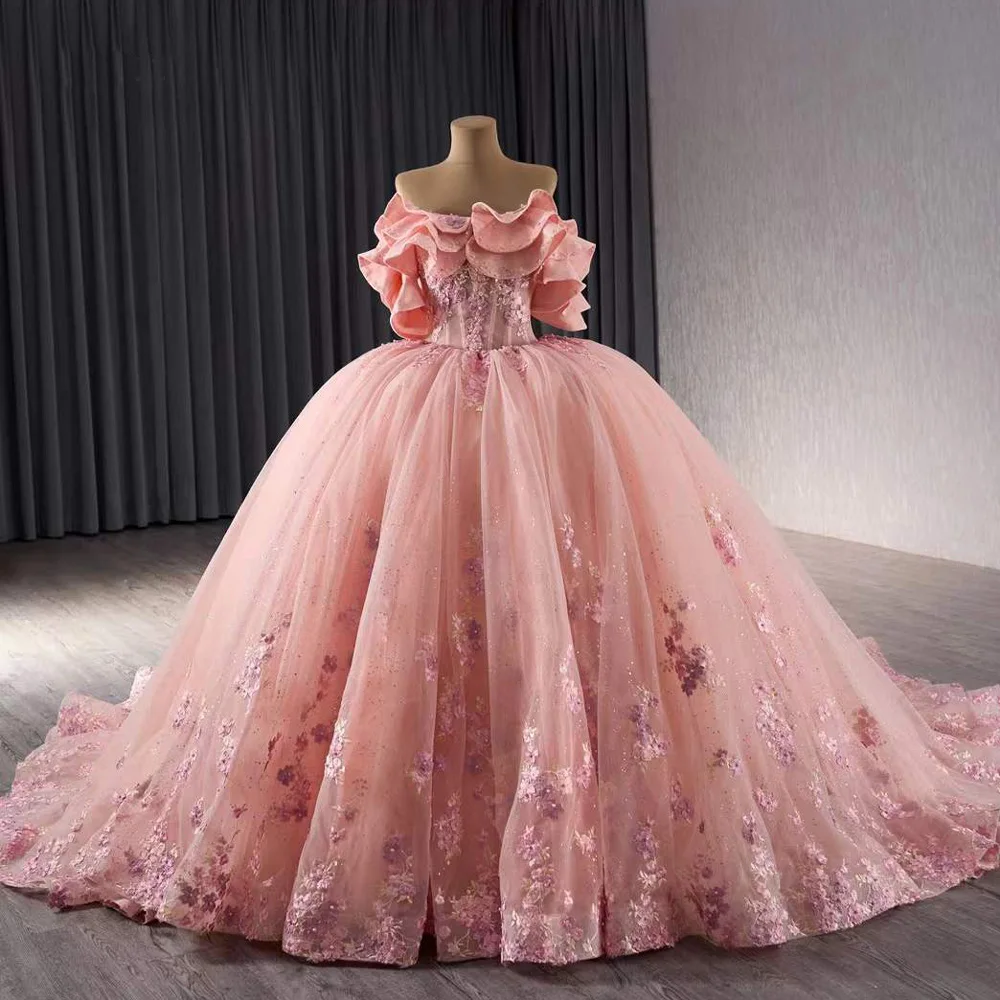 Strapless Embroidery Quinceanera Dress Flower Off the Shoulder Lace Up Back Pink Ball Gown Puffy Long Formal Dress