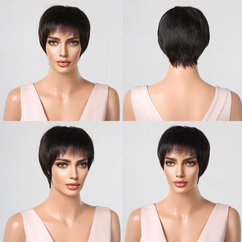 Wig Hitam Rambut Manusia Asli Potongan Pixie Wig Lurus Pendek dengan Bang Potongan Rambut Berlapis Coklat Tua Wig Rambut Manusia untuk Wanita Perempuan