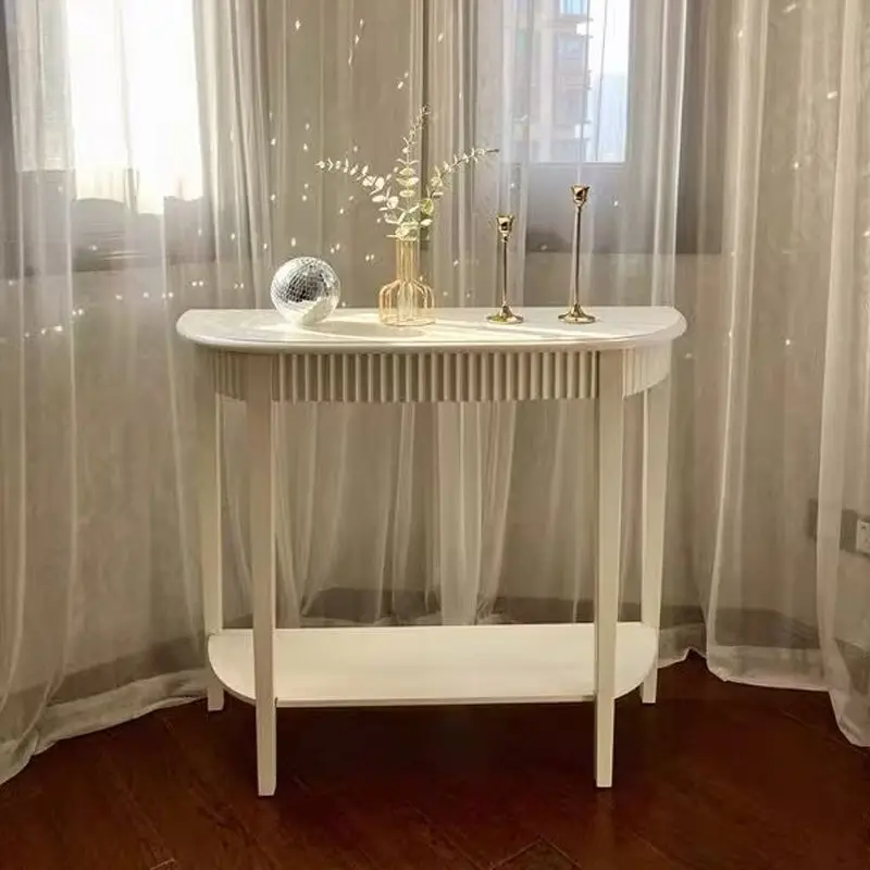 Entry door, entrance cabinet, living room against the wall, semi-round storage table rack