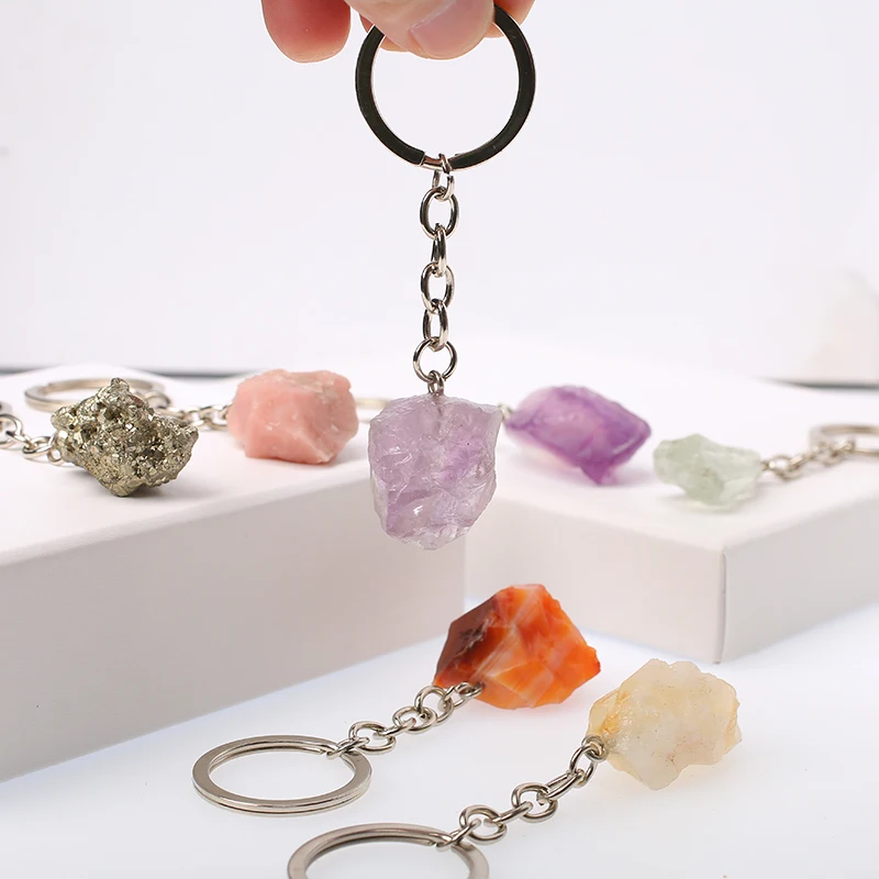 1pcs Natural Rough Raw Stone Crystal Quartzs Keychain Women Men Handbag Hangle Car Key Holder Raw Mineral Stone KeyRing Jewelry