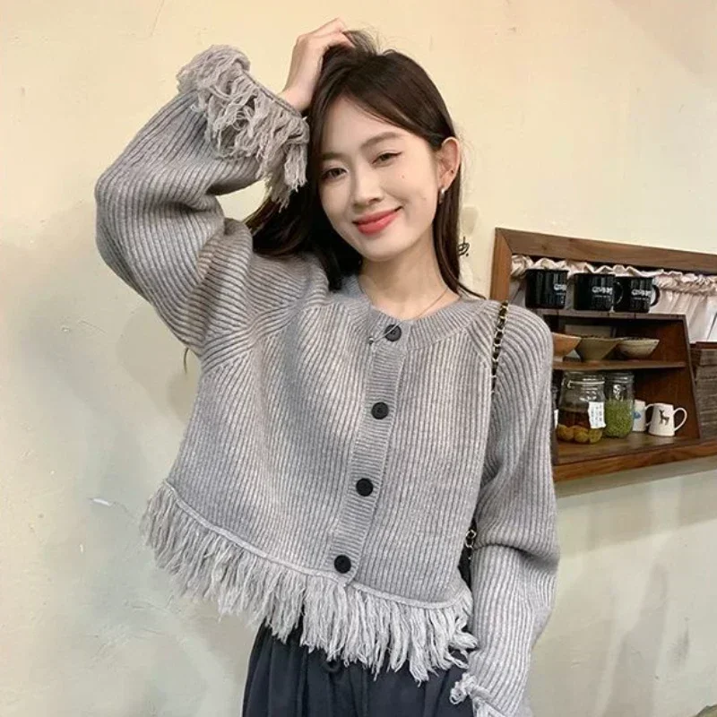 Women's Sweater Round O Neck Knit Tops for Woman Cardigan Short Crop Grey Y2k Vintage Sale Tall Korean Luxury Economics Modern