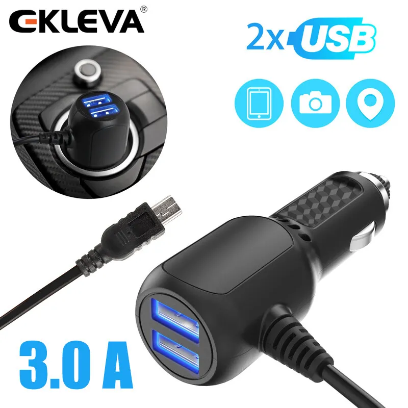 

EKLEVA 5V 3.0A Dual Mini USB Dash Cam Car charger Adapter Lighter Cable Socket Charger For DVR Vehicle Charging with 3.5 meters