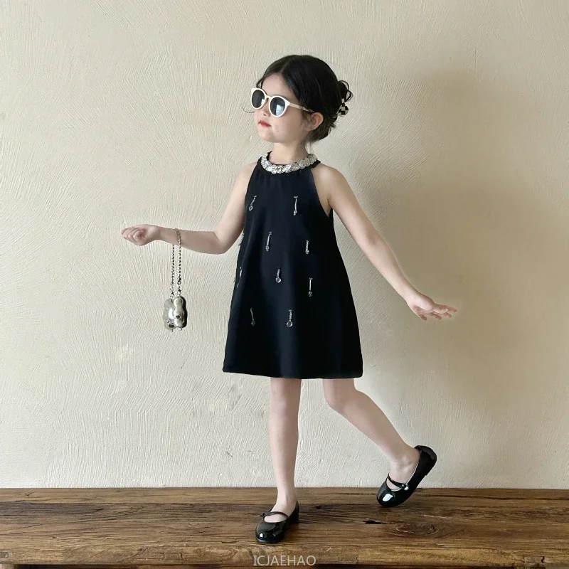 

Party Dress 2025 New Girls Halter Neck Children Birthday Princess Party Gown Kids Summer Costume Crystal Black Dresses Vestido