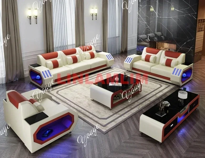 SsL-J Futuristic LED Italian Genuine Leather Sofa Set – Modern Sectional Couch With Illuminated Arm Storage And High-Density Cus