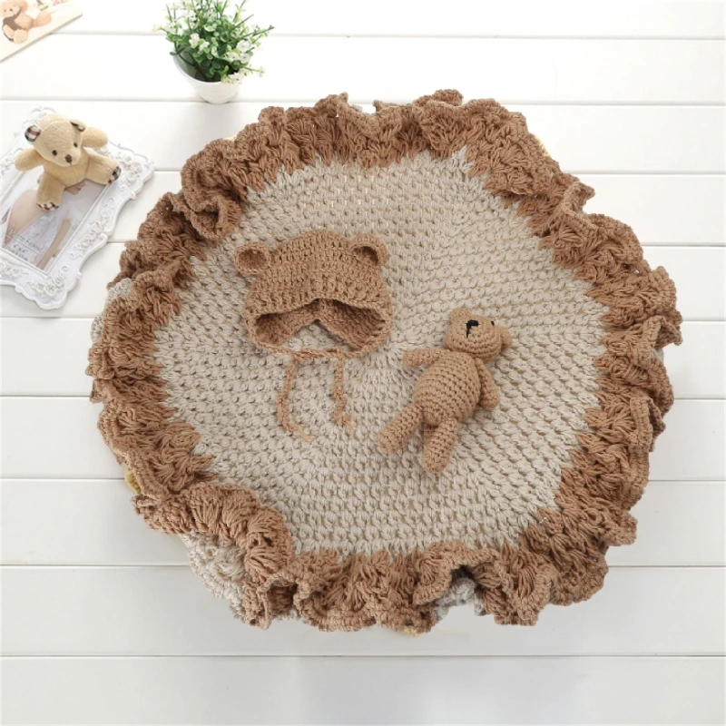 Newborn Photography Accessories Handmade Crochet Blanket Bear & Rabbit Toy