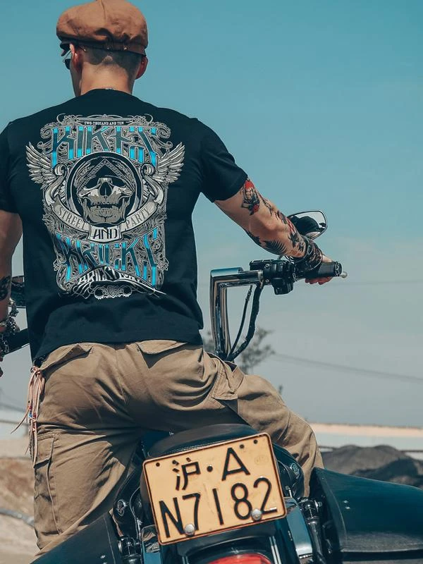 Heavy Metal Motorcycle Skull Print Short-Sleeved Men's Cotton T-Shirt for Western Coast of Europe and America Trendy Tee