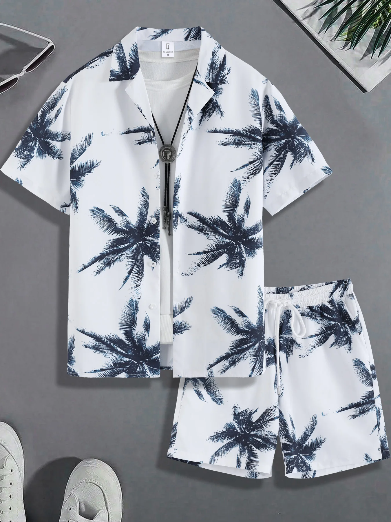 

Men's Blue & White Palm Tree Vacation Set 2 Piece Cuban Collar Shirt & Drawstring Shorts Outfit