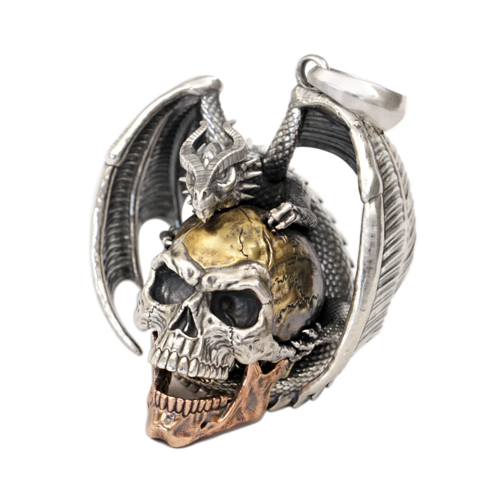 

925 Sterling Silver Flying Dragon Skull Pendant Biker Punk Jewelry TA380